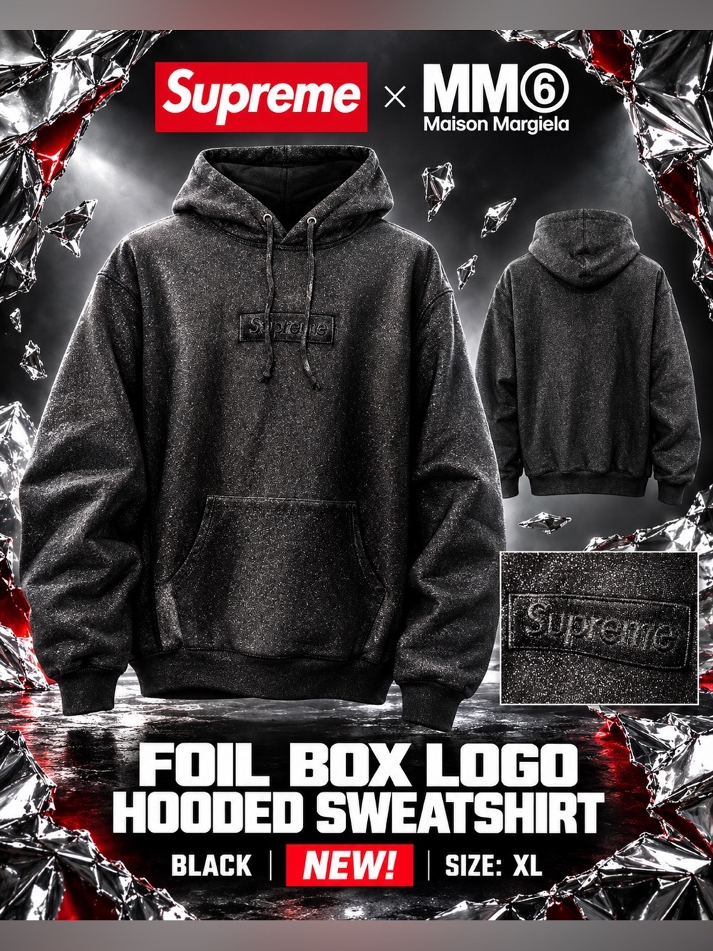 Supreme x MM6 Maison Margiela Foil Box Logo Hooded Sweatshirt in black🔥New! XL